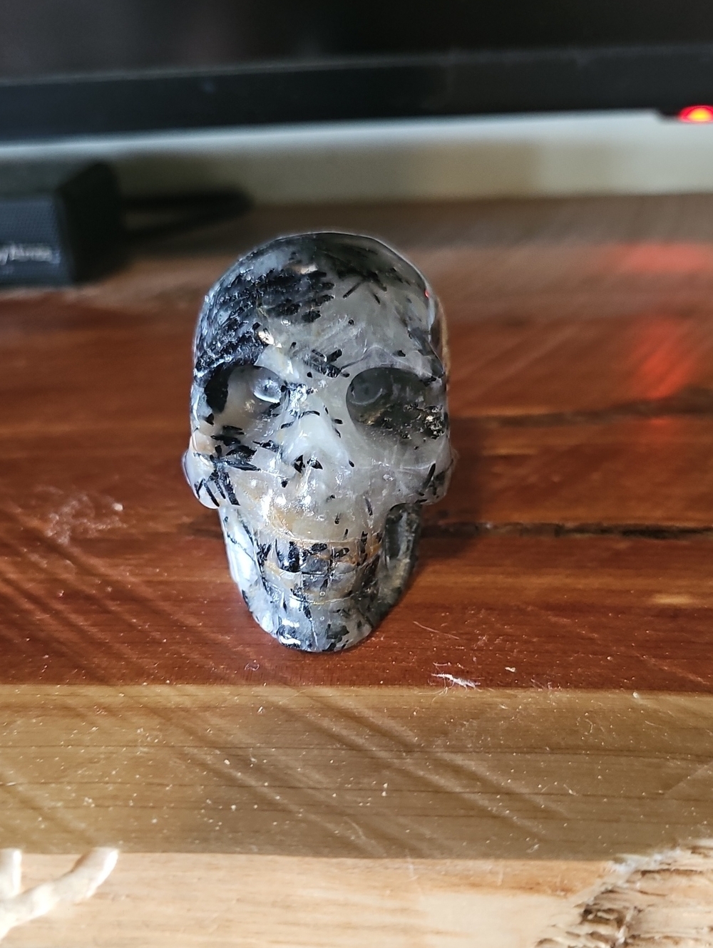 Hand-Carved Black Tourmaline And Quartz Skull